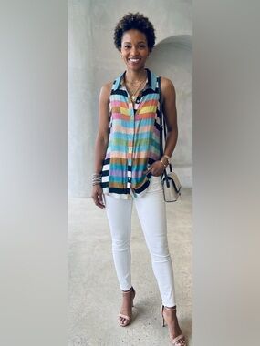 Mara Hoffman Striped Sleeveless Button Front Blouse Colorful Top Size XS